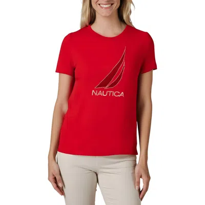Nautica Womens Embellished Cotton Graphic T-shirt In Red