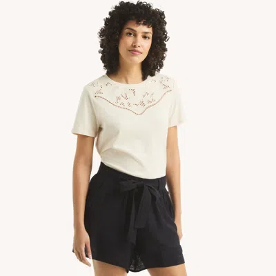 Nautica Womens Embroidered Crewneck T-shirt In White