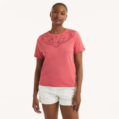 Nautica Womens Embroidered Crewneck T-shirt In Pink