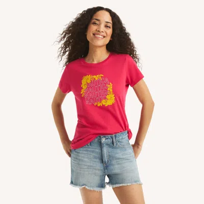 Nautica Womens Flocked Floral Logo Graphic T-shirt In Blue