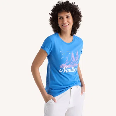 Nautica Womens Flocked Sailboat Graphic T-shirt In Blue