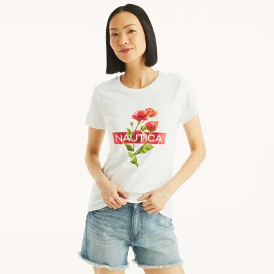 Nautica Womens Floral Logo Graphic T-shirt In White