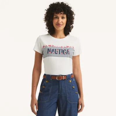 Nautica Womens Floral Logo Graphic T-shirt In White