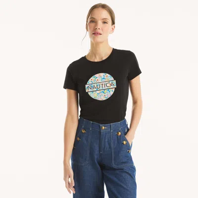 Nautica Womens Floral Plate Glitter Graphic T-shirt