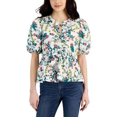 Nautica Womens Floral Print Cotton Peplum Top In White