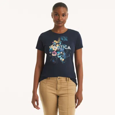 Nautica Womens Flowers Foil Graphic T-shirt In Blue