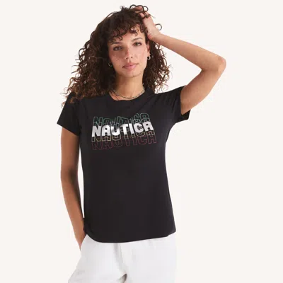Nautica Womens Foil Logo Graphic T-shirt In Black