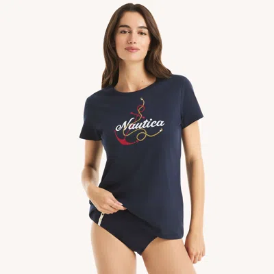 Nautica Womens Glitter Anchor Knot Graphic T-shirt In Blue