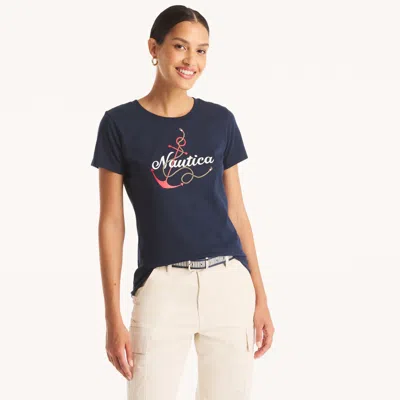 Nautica Womens Glitter Anchor Knot Graphic T-shirt In Multi