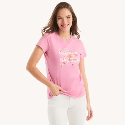 Nautica Womens Glitter Floral Logo Graphic T-shirt In Multi