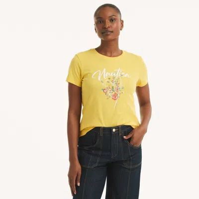 Nautica Womens Heart And Flowers Graphic T-shirt In Yellow