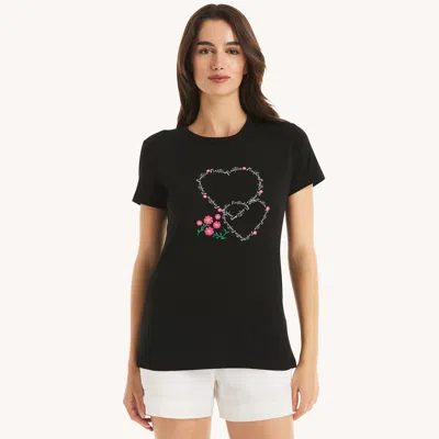 Nautica Womens Heart To Heart Graphic T-shirt In Black