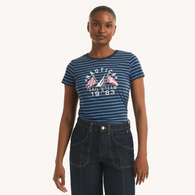 Nautica Womens Heritage Stripe Flag Foil Graphic T-shirt In Blue
