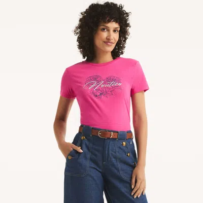 Nautica Womens Logo Flowers Graphic T-shirt In Pink
