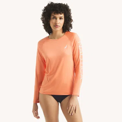 Nautica Womens Logo Long-sleeve Rash Guard Swim Shirt In Orange
