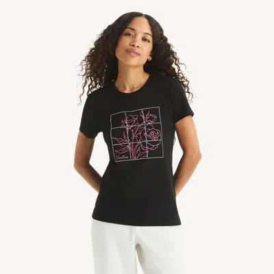 Nautica Womens Modern Flowers Studded Graphic T-shirt In Black
