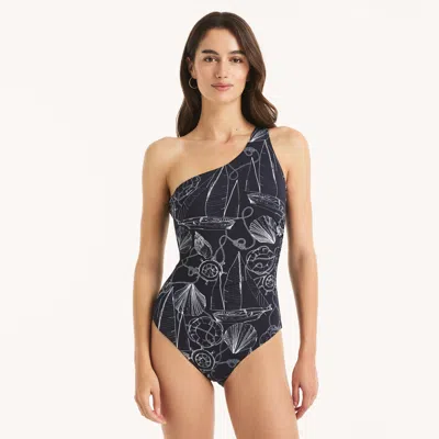 Nautica Womens Printed One-shoulder One-piece Swim In Black