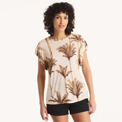 Nautica Womens Printed Ruffle Sleeve T-shirt In White
