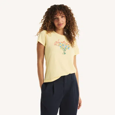 Nautica Womens Puff Bouquet Logo Graphic T-shirt In Yellow