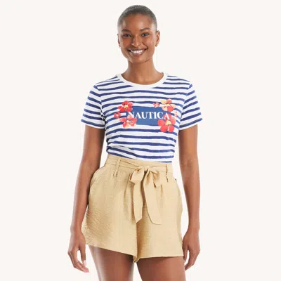 Nautica Womens Puff Stripes And Flowers Graphic T-shirt