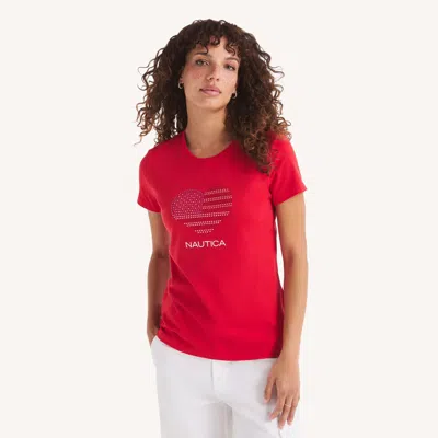 Nautica Womens Rhinestone Flag Heart Graphic T-shirt In Red
