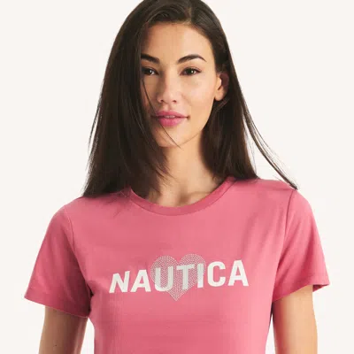 Nautica Womens Rhinestone Heart Logo Graphic T-shirt In Pink