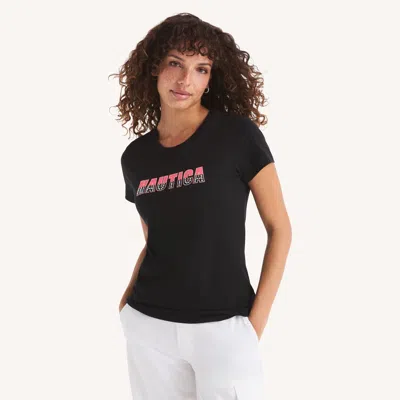 Nautica Womens Rhinestone Heritage Logo Graphic T-shirt In Black