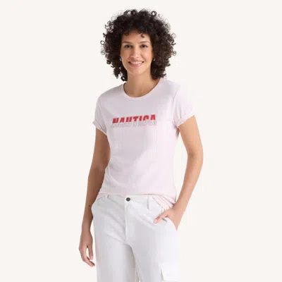 Nautica Womens Rhinestone Heritage Logo Graphic T-shirt In White
