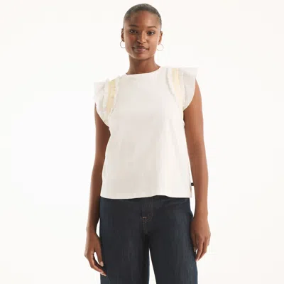 Nautica Womens Ruffle Sleeve Top With Contrast Stitch In White