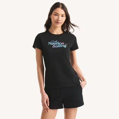 Nautica Womens Sailing Glitter Graphic T-shirt In Black