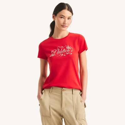 Nautica Womens Script Logo Metallic Puff Graphic T-shirt In Red