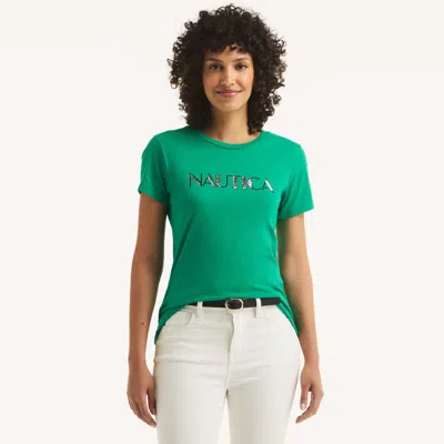 Nautica Womens Sequin Logo Graphic T-shirt In Green