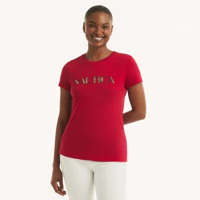 Nautica Womens Sequin Logo Graphic T-shirt In Red