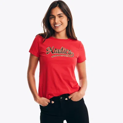 Nautica Womens Sequin Logo Graphic T-shirt In White