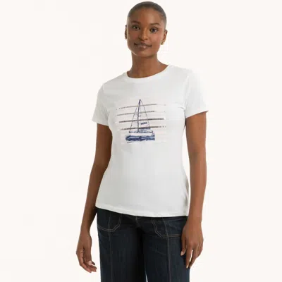 Nautica Womens Sequin Modern Sailing Stripe Graphic T-shirt In White