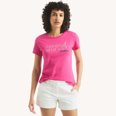 Nautica Womens Sequin Sailing With You Graphic T-shirt In Pink