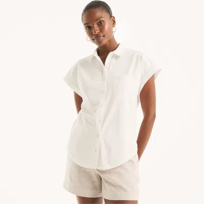 Nautica Womens Short-sleeve Boyfriend Shirt In White