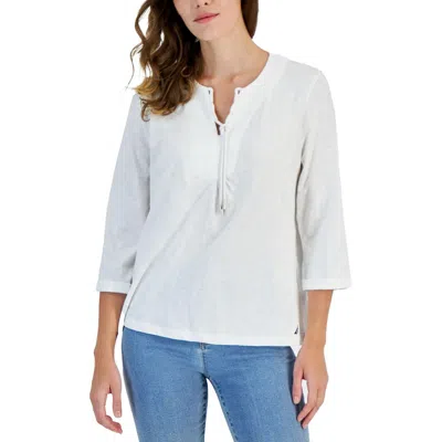 Nautica Womens Slub Cotton Pullover Top In White