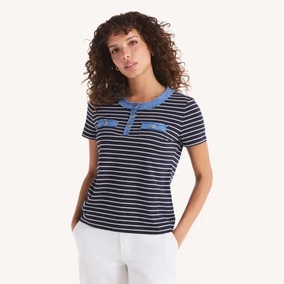 Nautica Womens Striped Denim-trimmed Henley In Multi