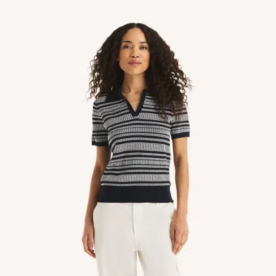 Nautica Womens Striped Johnny Collar Short-sleeve Sweater In Pink