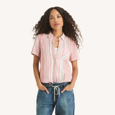 Nautica Womens Striped Linen Camp Shirt In Brown