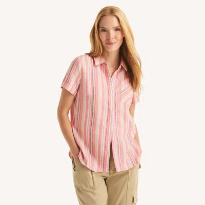 Nautica Womens Striped Linen Camp Shirt In Pink