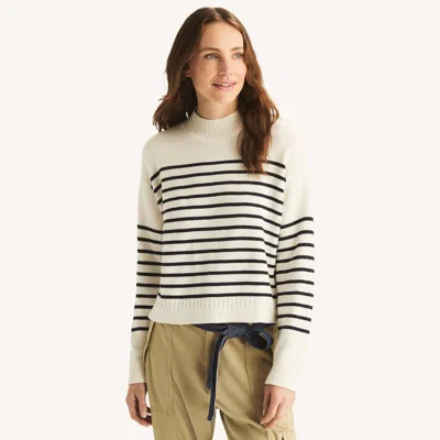 Nautica Womens Striped Mock-neck Sweater In White
