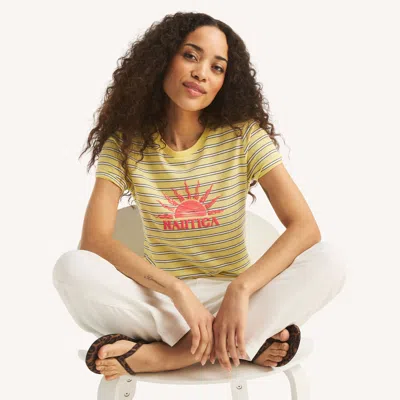 Nautica Womens Striped Sunshine Graphic T-shirt In Yellow