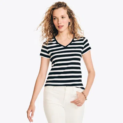 Nautica Womens Striped V-neck T-shirt In Black