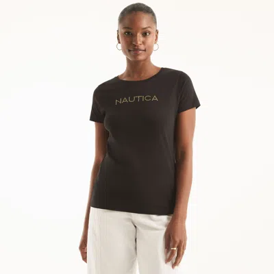 Nautica Womens Studded Logo Crewneck T-shirt In Black
