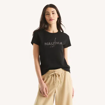 Nautica Womens Studded Logo Graphic T-shirt In Black