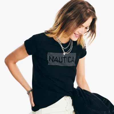 Nautica Womens Sustainably Crafted Rhinestone Logo Graphic T-shirt In Black