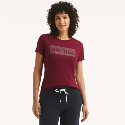 Nautica Womens Sustainably Crafted Rhinestone Logo Graphic T-shirt In Red