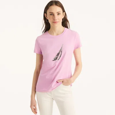 Nautica Womens Sustainably Crafted Sequin J-class Gradient Graphic T-shirt In Multi